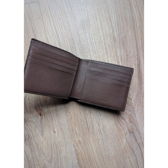 Coach Bi-Fold Pebbled Leather Mens Wallet Dark Saddle Brown - Picture 8 of 10